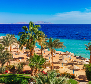 Strandresort in Hurghada mit Palmen, Sonnenschirmen aus Stroh und t&uuml;rkisblauem Meer unter klarem Himmel.