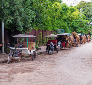 Stra&szlig;e mit Tuk-Tuks und Stra&szlig;enh&auml;ndlern in Siem Reap, Kambodscha.