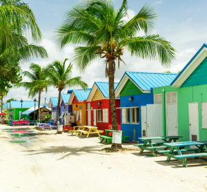 Reihe bunter Strandh&uuml;tten mit Palmen und Picknicktischen an einem Sandweg auf Barbados.
