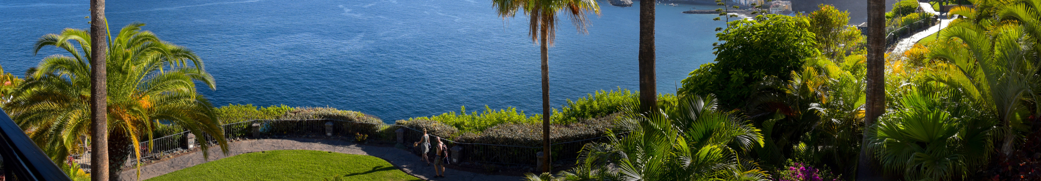 Panoramablick von einem tropisch bepflanzten Garten mit Palmen auf den Atlantik, im Hintergrund die Steilk&uuml;ste und eine kleine Ortschaft auf La Gomera, Kanarische Inseln, Spanien.