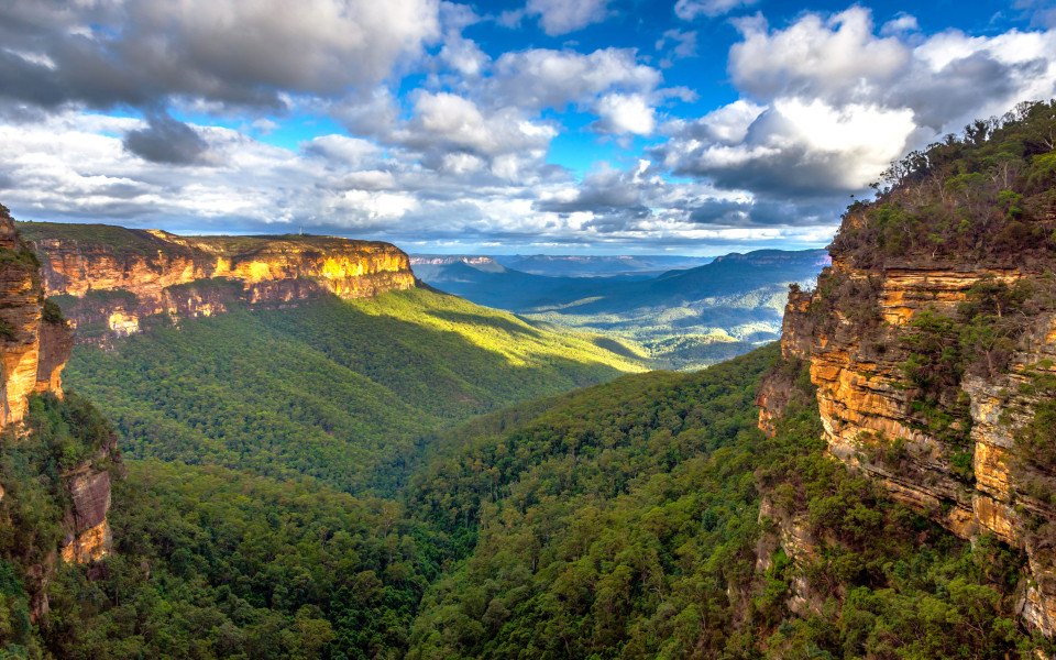 Blick auf die Blue Mountains, Australien, mit tiefen T&auml;lern und steilen Felsen, umgeben von gr&uuml;nen W&auml;ldern.